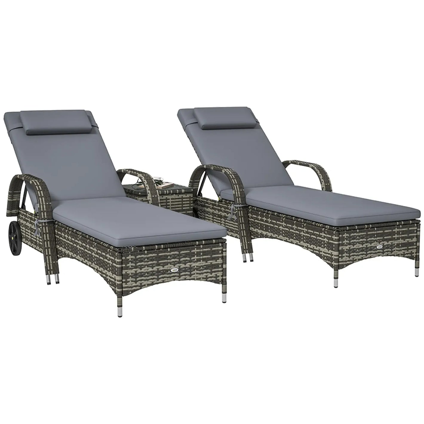 Outsunny Patio Wicker Chaise Lounge Chair Set of 2 with Table, Adjustable Backrest, Wheels, Cushion & Headrest, Gray