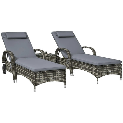 Outsunny Patio Wicker Chaise Lounge Chair Set of 2 with Table, Adjustable Backrest, Wheels, Cushion & Headrest, Gray