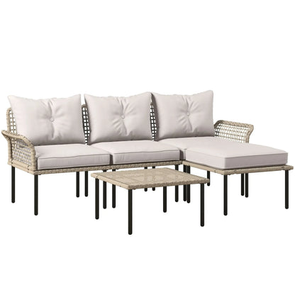 Outsunny 5-Piece Rattan Patio Furniture Set with Sofa, Chaise Lounge, Coffee Table, Footstools, Cushions, Cream White