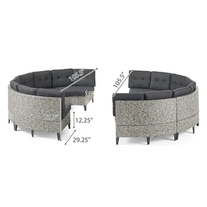 Outdoor 8 Seater Sofa, Modular Half-Circle Design, Polyethylene Rattan, Water-Resistant Cushions, 106" x 35" x 28", Black+Gray
