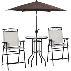 Outsunny 4 Piece Outdoor Patio Dining Furniture Set, 2 Folding Chairs, Adjustable Angle Umbrella, Wave Textured Tempered Glass Dinner Table, Black