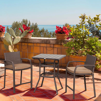 Outsunny 3 PCS Rattan Wicker Bar Set with Wood Grain Top Table and 2 Bar Stools for Outdoor, Patio, Poolside, Garden, Brown