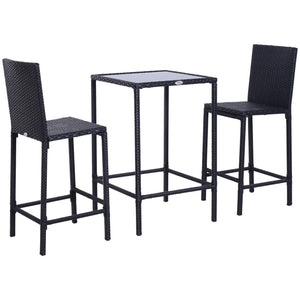 Outsunny 3pcs Rattan Bar Set with Glass Top Table, 2 Bar Stools for Outdoor, Patio, Garden, Poolside, Backyard