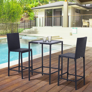 Outsunny 3pcs Rattan Bar Set with Glass Top Table, 2 Bar Stools for Outdoor, Patio, Garden, Poolside, Backyard