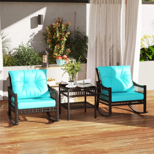 Outsunny 3 Piece Outdoor PE Rattan Rocker Chair Set, Rocking Chair with Tempered Glass Table Top, Turquoise Green