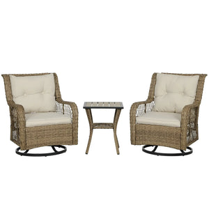 Outsunny 3 Piece Outdoor Bistro Set, Wicker Small Patio Furniture Set with Swivel Glider Chairs for Balcony, Porch, Beige