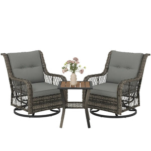 Outsunny 3 Piece Outdoor Bistro Set, Wicker Small Patio Furniture Set with Swivel Glider Chairs for Balcony, Porch, Gray