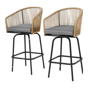 Set of 2 Outdoor Bar Stools with Armrests and Backrest, Steel Frame, All Weather Rattan Bar Chairs with Footrest, 23" L x 17.5" W x 44" H, Grey