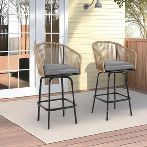 Set of 2 Outdoor Bar Stools with Armrests and Backrest, Steel Frame, All Weather Rattan Bar Chairs with Footrest, 23" L x 17.5" W x 44" H, Grey