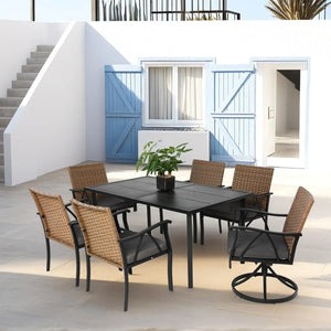 7-Piece Patio Dining Set with Swivel Rocker Chairs, Cushioned Seats, Steel Table Top with Umbrella Hole, Outdoor Wicker Furniture, Brown+Grey