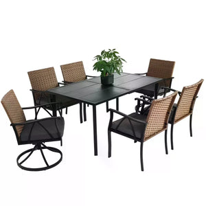 7-Piece Patio Dining Set with Swivel Rocker Chairs, Cushioned Seats, Steel Table Top with Umbrella Hole, Outdoor Wicker Furniture, Brown+Grey