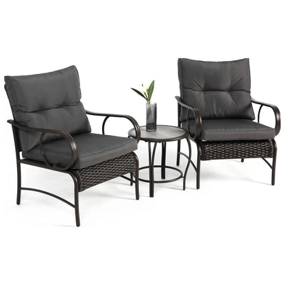 3-Piece Outdoor Wicker Furniture with Modern Chairs, Coffee Table, Steel Frame, Weather-Resistant Patio Set with PE Wicker, Brown+Grey
