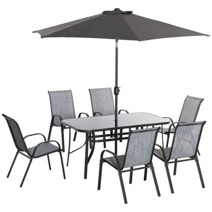 Outsunny 8 Piece Outdoor Dining Set, Patio Furniture Set with Umbrella, 6 Folding Chairs, Rectangle Table and Mesh Seat, Black