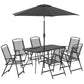 Outsunny 8 Piece Outdoor Dining Set, Patio Furniture Set with Umbrella, 6 Folding Chairs, Rectangle Table and Mesh Seat, Black