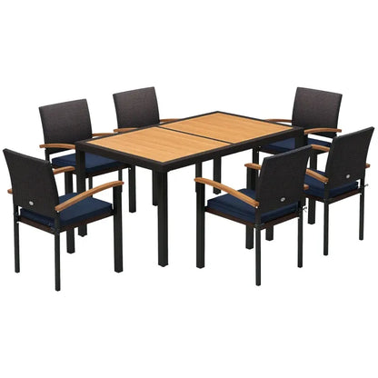 Outsunny Patio Table and Chairs Outdoor Dining Set w/ Acacia Wood Table Top, Cushions, for Backyard, Balcony, Garden, Black