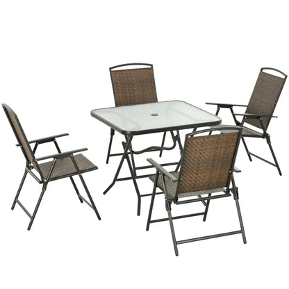 Outsunny 5 Pieces Patio Table and Chairs, Foldable Wicker Outdoor Dining Table Set with Umbrella Hole, Dark Brown