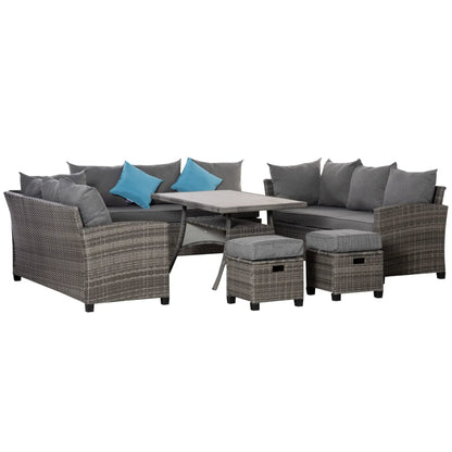Outsunny 6 Piece Patio Furniture Set, PE Wicker Outdoor Furniture Conversation Set with 3 Sofas, 2 Ottomans and Slatted WPC Top Dining Table, All Weather Sectional Sofa Couch with Pillows, Gray