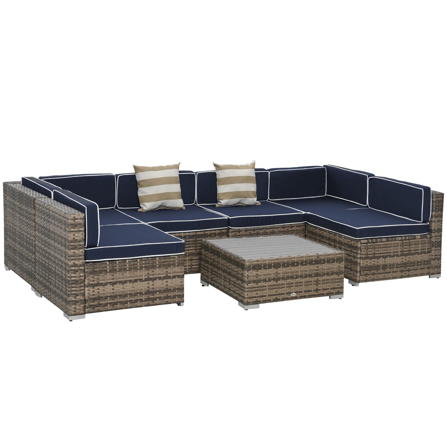 Outsunny 7-Piece Outdoor Wicker Patio Sofa Set, Modern Rattan Conversation Furniture Set with Cushions, Pillows and Tea Table - Blue
