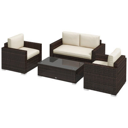 Outsunny 4 Pieces Rattan Sofa Set Wicker Patio Sofa Set with Loveseat Chairs Glass Top Coffee Table for Garden Outdoor Khaki