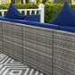 Outsunny 7 Pieces Outdoor Rattan Sofa Set, Wicker Patio Furniture Set with Glass Top Coffee Table, Pillows, Mixed Gray and Blue