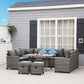 Outsunny 6 Piece Patio Furniture Set, PE Wicker Outdoor Furniture Conversation Set with 3 Sofas, 2 Ottomans and Slatted WPC Top Dining Table, All Weather Sectional Sofa Couch with Pillows, Gray