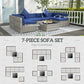 Outsunny 7 Pieces Outdoor Rattan Sofa Set, Wicker Patio Furniture Set with Glass Top Coffee Table, Pillows, Mixed Gray and Blue