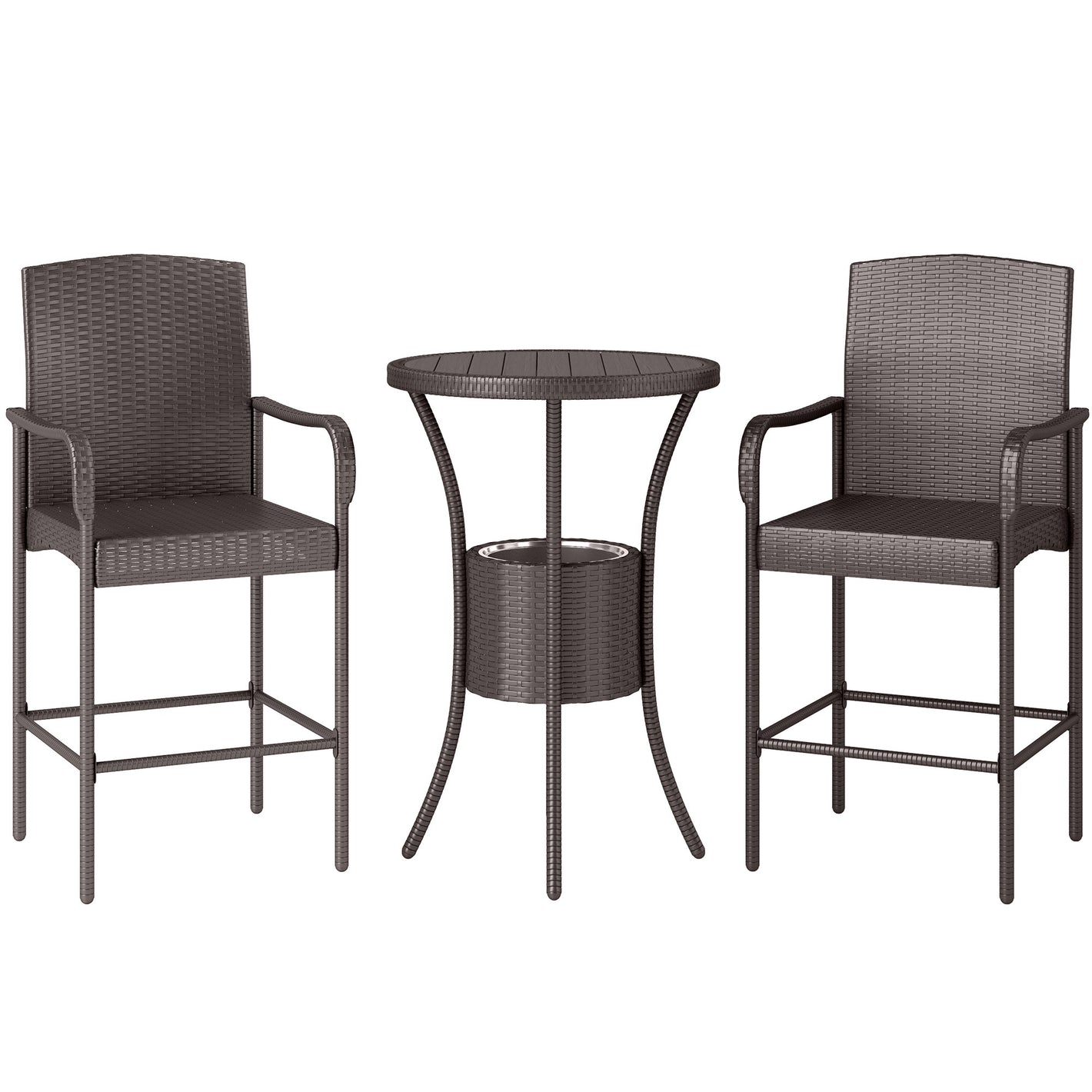 Outsunny 3 Pieces Rattan Wicker Bar Set with Ice Bucket, 1 Bar Table and 2 Bar Stools for Poolside, Backyard, Porches, Dark Brown