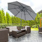 Outsunny 4 Piece Outdoor Patio Dining Furniture Set, 2 Folding Chairs, Adjustable Angle Umbrella, Wave Textured Tempered Glass Dinner Table, Brown