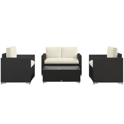 Outsunny 4 Pieces Rattan Sofa Set Wicker Patio Sofa Set with Loveseat Chairs Glass Top Coffee Table for Garden Outdoor Cream