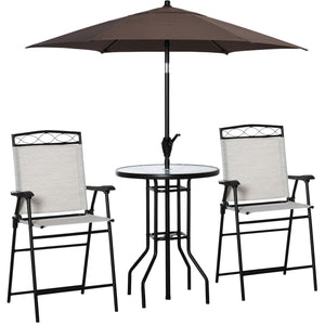Outsunny 4 Piece Outdoor Patio Dining Furniture Set, 2 Folding Chairs, Adjustable Angle Umbrella, Wave Textured Tempered Glass Dinner Table, Black