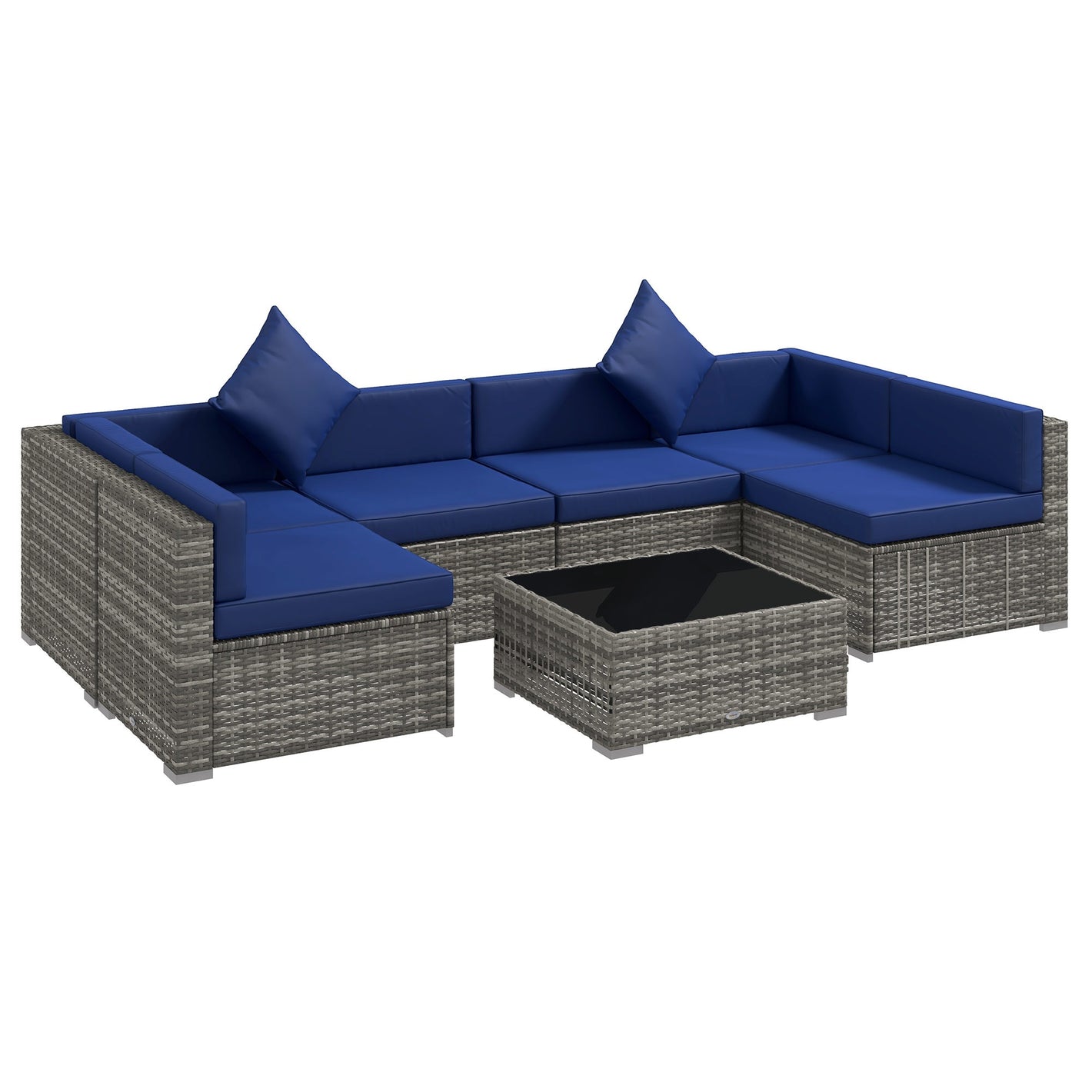 Outsunny 7 Pieces Outdoor Rattan Sofa Set, Wicker Patio Furniture Set with Glass Top Coffee Table, Pillows, Mixed Gray and Blue