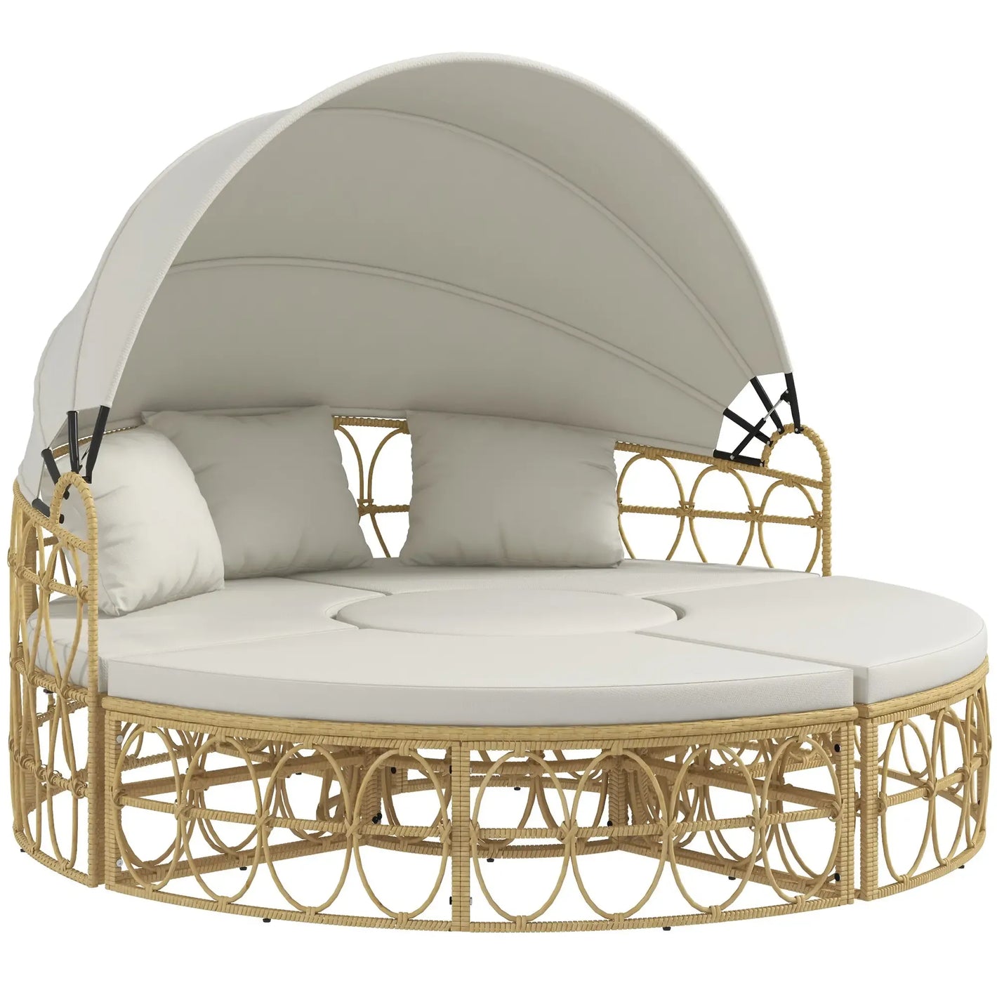 Outsunny Patio Furniture Set, Round Outdoor Daybed with Retractable Canopy, Hollow Wicker PE Rattan Sectional Sofa with Washable Couch Cushions for Pool, Lawn, Cream White