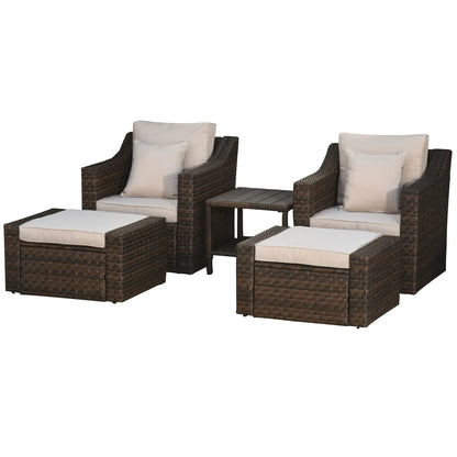 Outsunny 5pc Patio Furniture Set, All Weather PE Rattan Conversation Chair and Ottoman Set w/ Table, Cushion Pillows, Beige