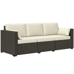 Outsunny Patio Couch PE Wicker Deep Seating Outdoor Sofa with Removable Cushions, 3 Seater Rattan Sofa, Outdoor Furniture for Balcony, Deck, Garden and Poolside, Cream White
