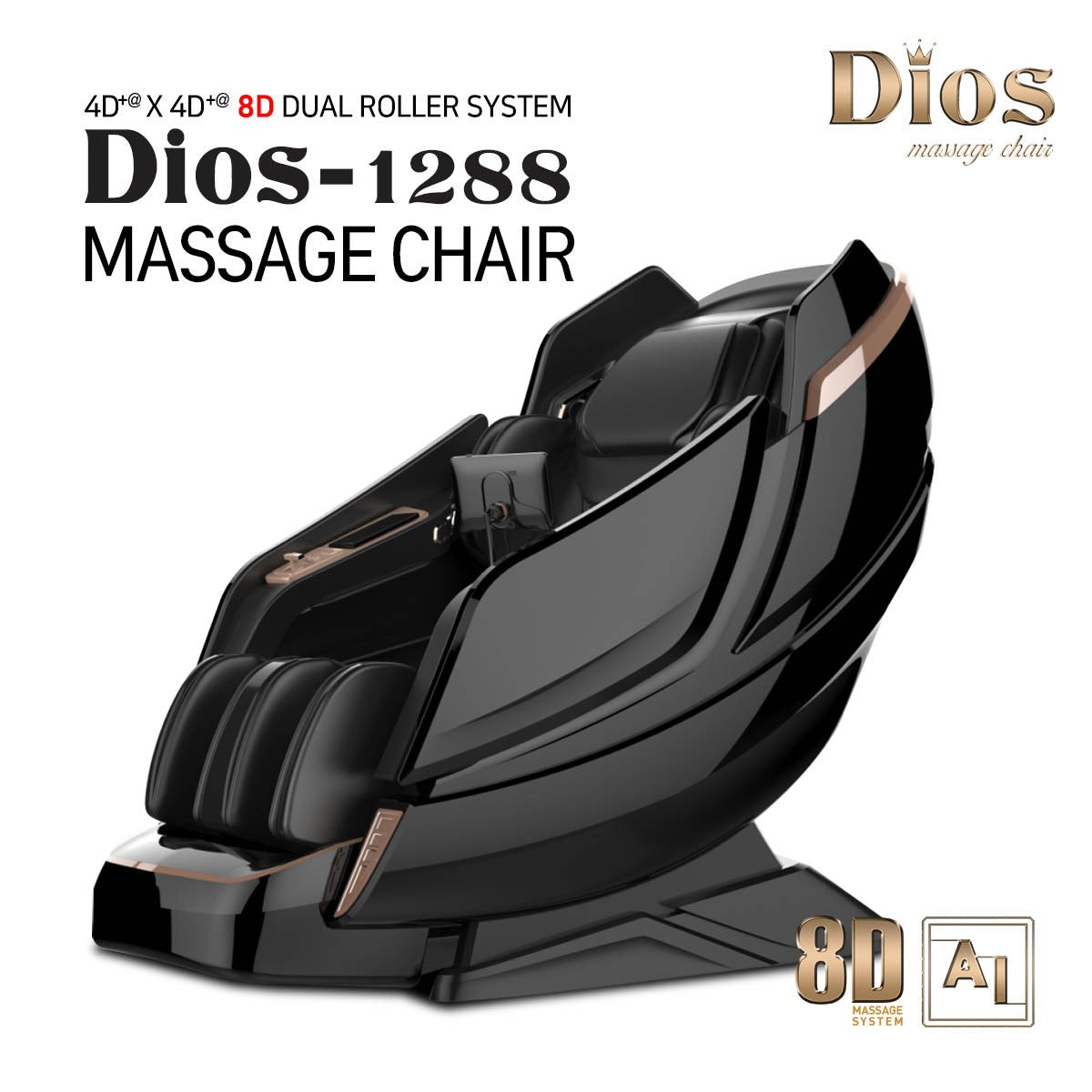 Dios Massage Chair 8D AI Dual Air Tech Touch Roller SL-track with Brain Relaxation Program Dios-1288 Black