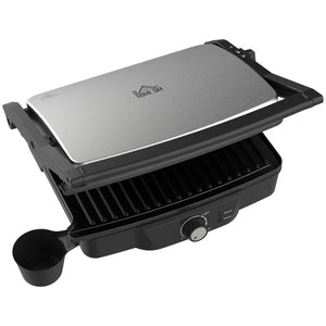 HOMCOM 4 Slice Panini Press Grill, Stainless Steel Sandwich Maker with Non-Stick Double Plates, Locking Lids and Drip Tray, Opens 180 Degrees to Fit Any Type or Size of Food 13.75"x12.75"x4.75"