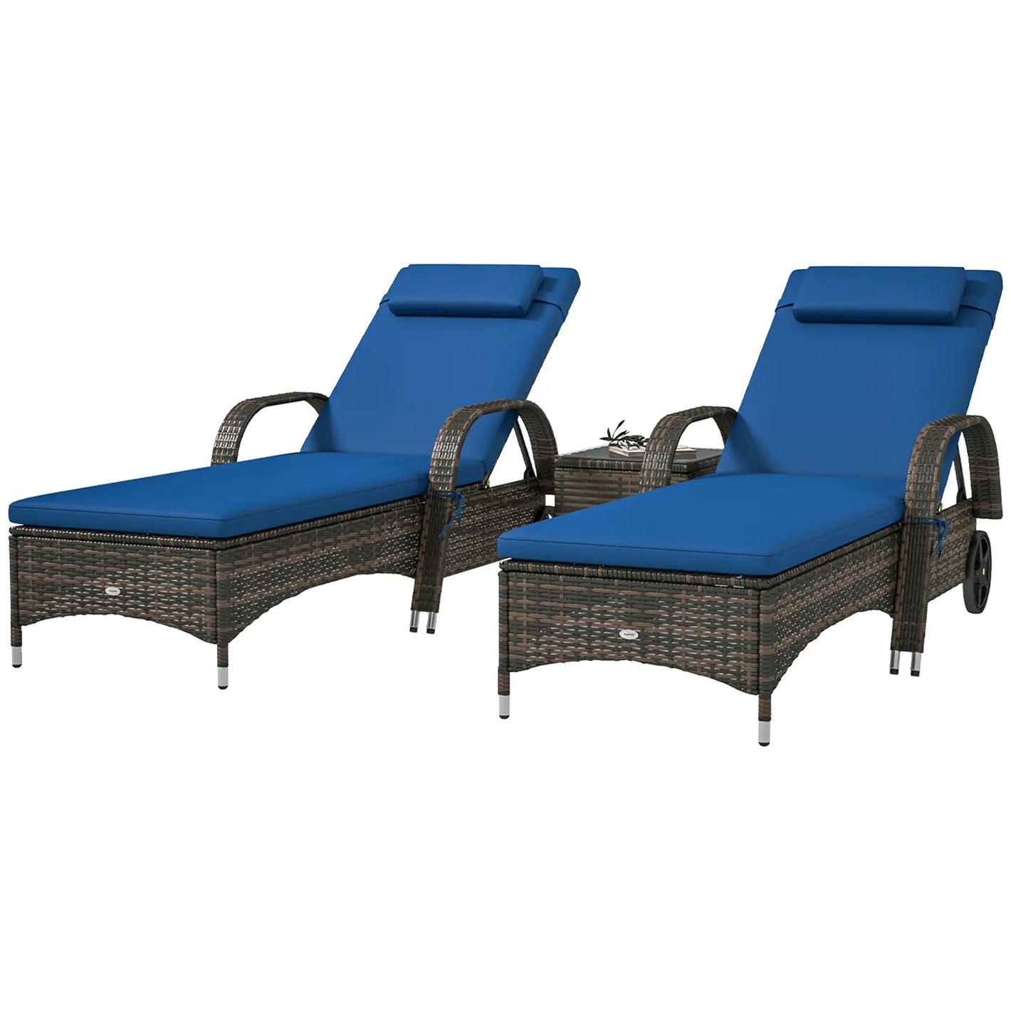 Outsunny Patio Wicker Chaise Lounge Chair Set of 2 with Table, Adjustable Backrest, Wheels, Cushion & Headrest, Blue