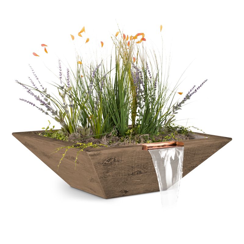 The Outdoor Plus 24" Square Maya Planter & Water Bowl - Wood Grain GFRC Concrete